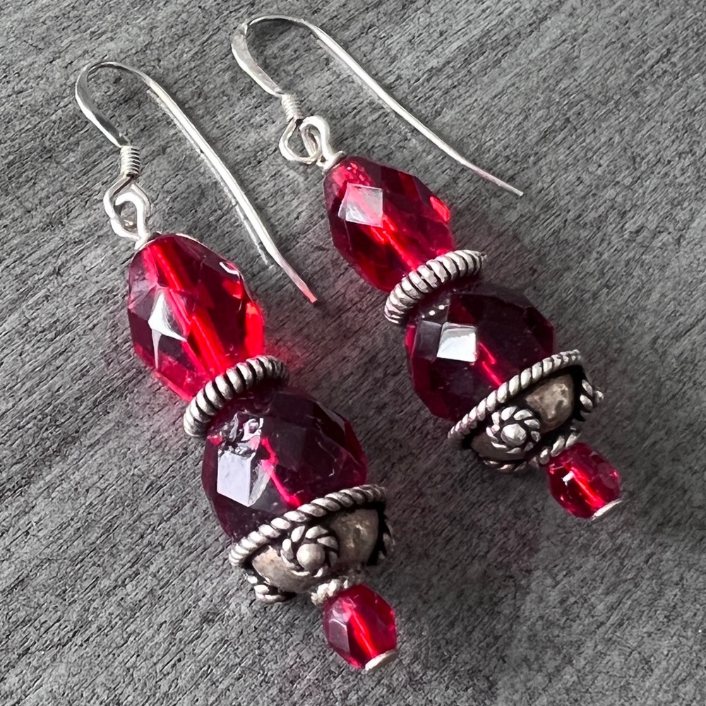 Vintage Look Red Bead and Silver Dangle Earrings